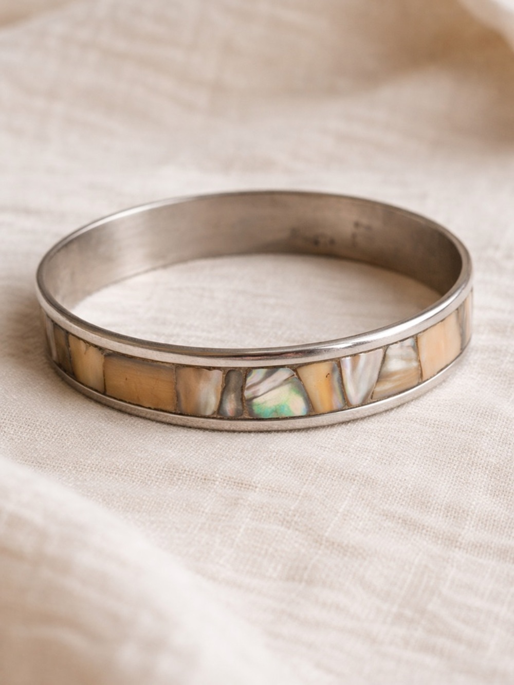 925 Sterling Inlay MOP Shell Bangle Bracelet - Cream and Iridescent